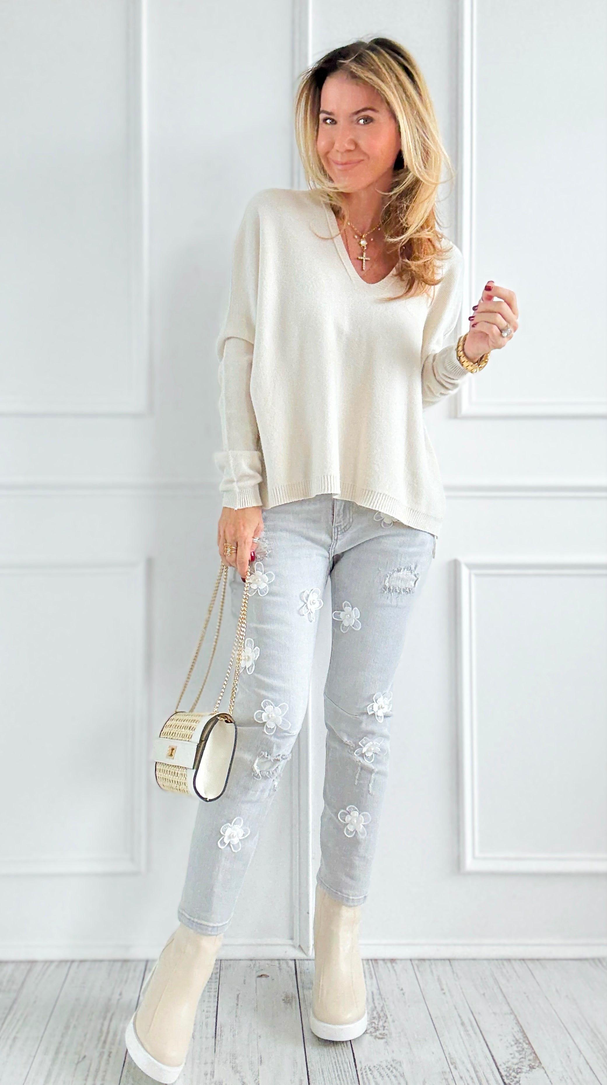 Pearl Petals Italian Denim Pant-100 Pants-DIPINTO DI BLU-Coastal Bloom Boutique, find the trendiest versions of the popular styles and looks Located in Indialantic, FL