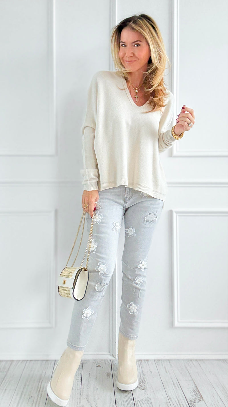 Pearl Petals Italian Denim Pant-100 Pants-DIPINTO DI BLU-Coastal Bloom Boutique, find the trendiest versions of the popular styles and looks Located in Indialantic, FL