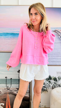 Button-up Crop Long Sleeves Top - Neon Pink-130 Long Sleeve Tops-BucketList-Coastal Bloom Boutique, find the trendiest versions of the popular styles and looks Located in Indialantic, FL