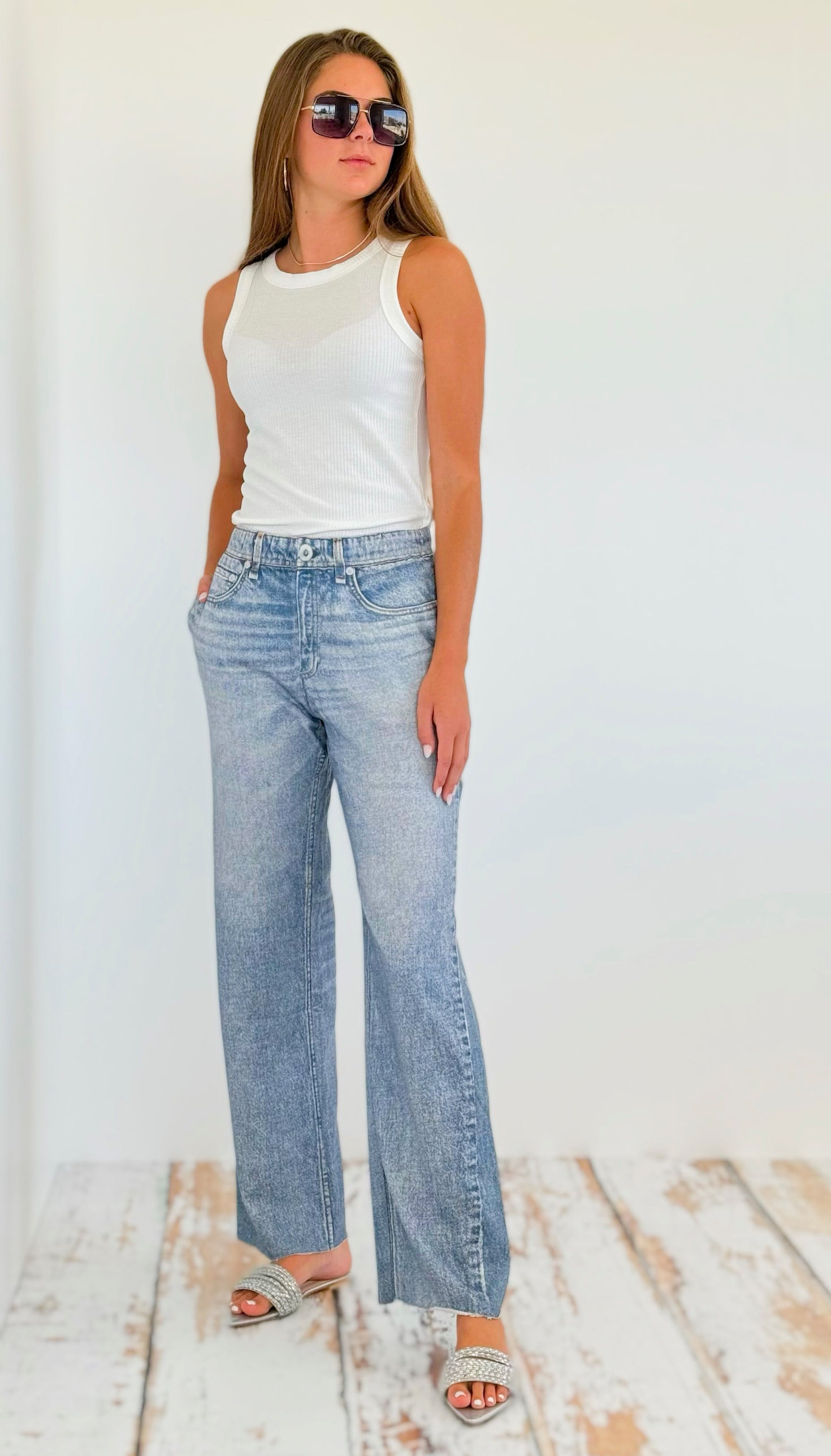 Washed Denim Elastic Waist Pants - Light Denim-170 Bottoms-oddi-Coastal Bloom Boutique, find the trendiest versions of the popular styles and looks Located in Indialantic, FL