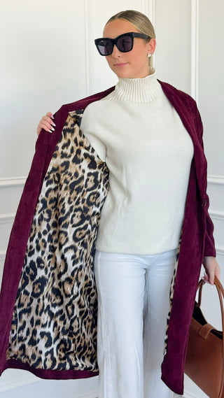 Leopard Lined Italian Long Blazer- Wine
