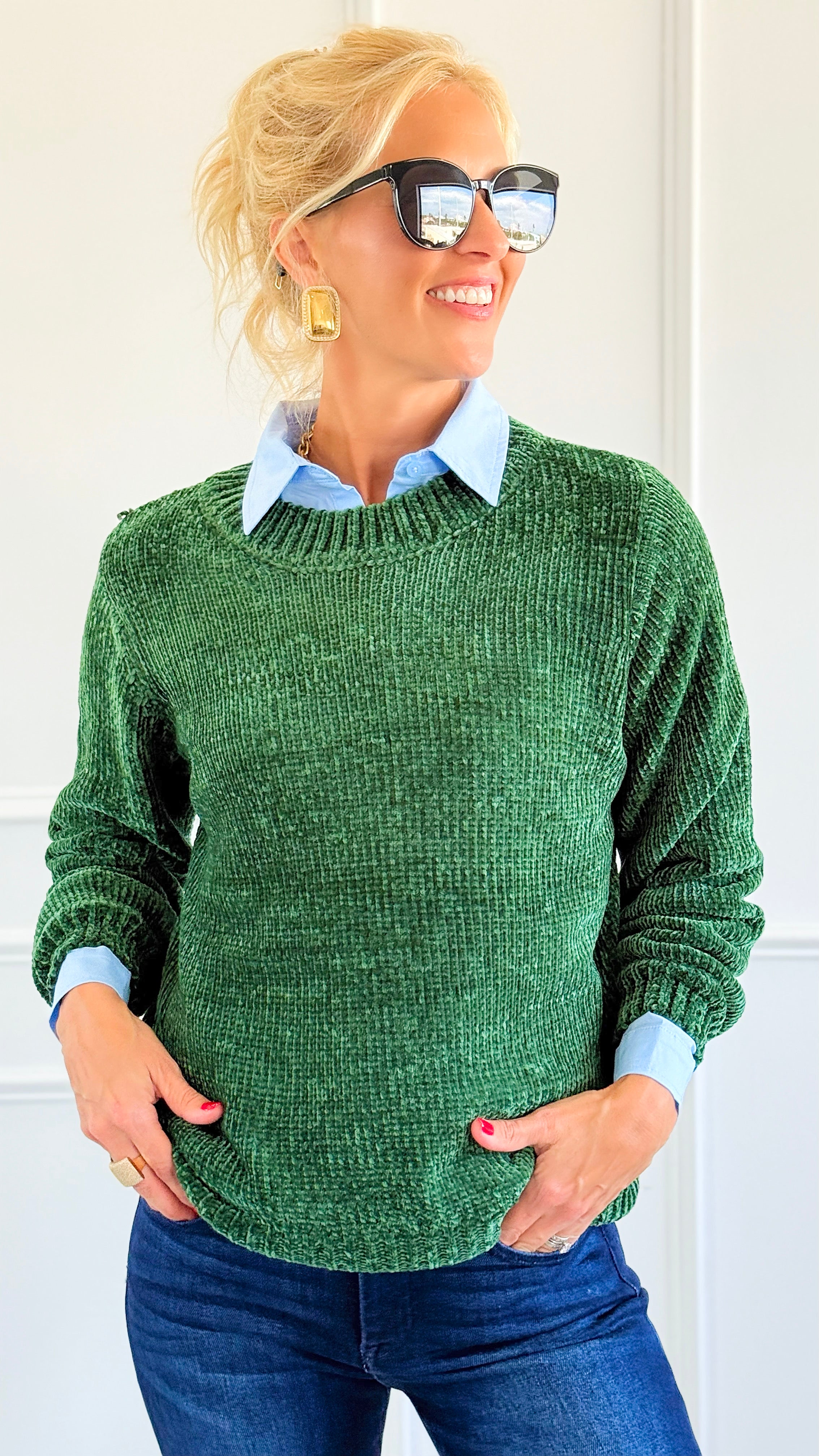 Cuddle Cloud Chenille Sweater - Dk Green-140 Sweaters-Zenana-Coastal Bloom Boutique, find the trendiest versions of the popular styles and looks Located in Indialantic, FL