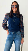 Contrast Plaid Ruffle Sweater Top-140 Sweaters-&MERCI-Coastal Bloom Boutique, find the trendiest versions of the popular styles and looks Located in Indialantic, FL