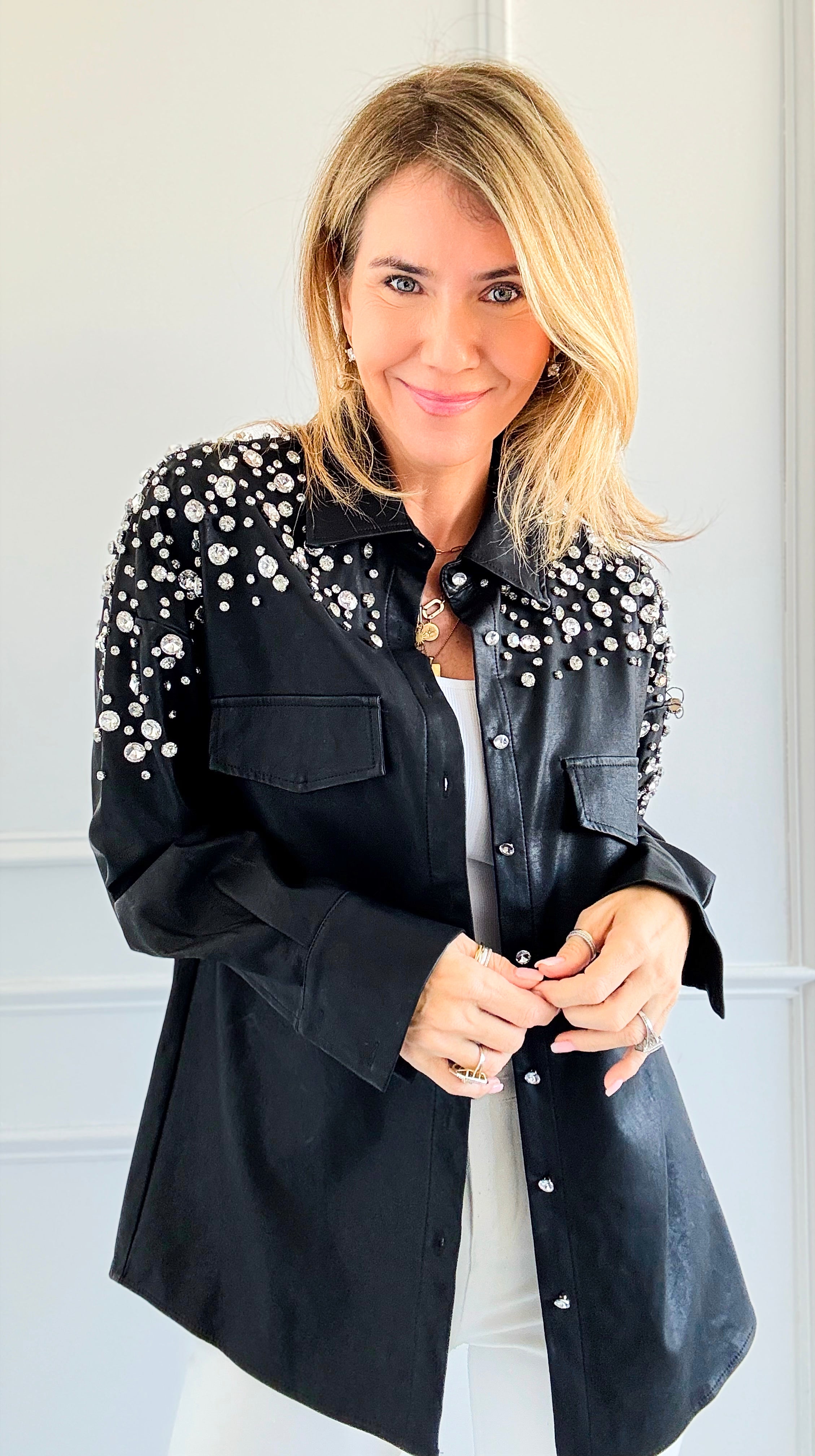 Shimmering Elegance Button-Down Jacket - Black-160 Jackets-SALT-Coastal Bloom Boutique, find the trendiest versions of the popular styles and looks Located in Indialantic, FL