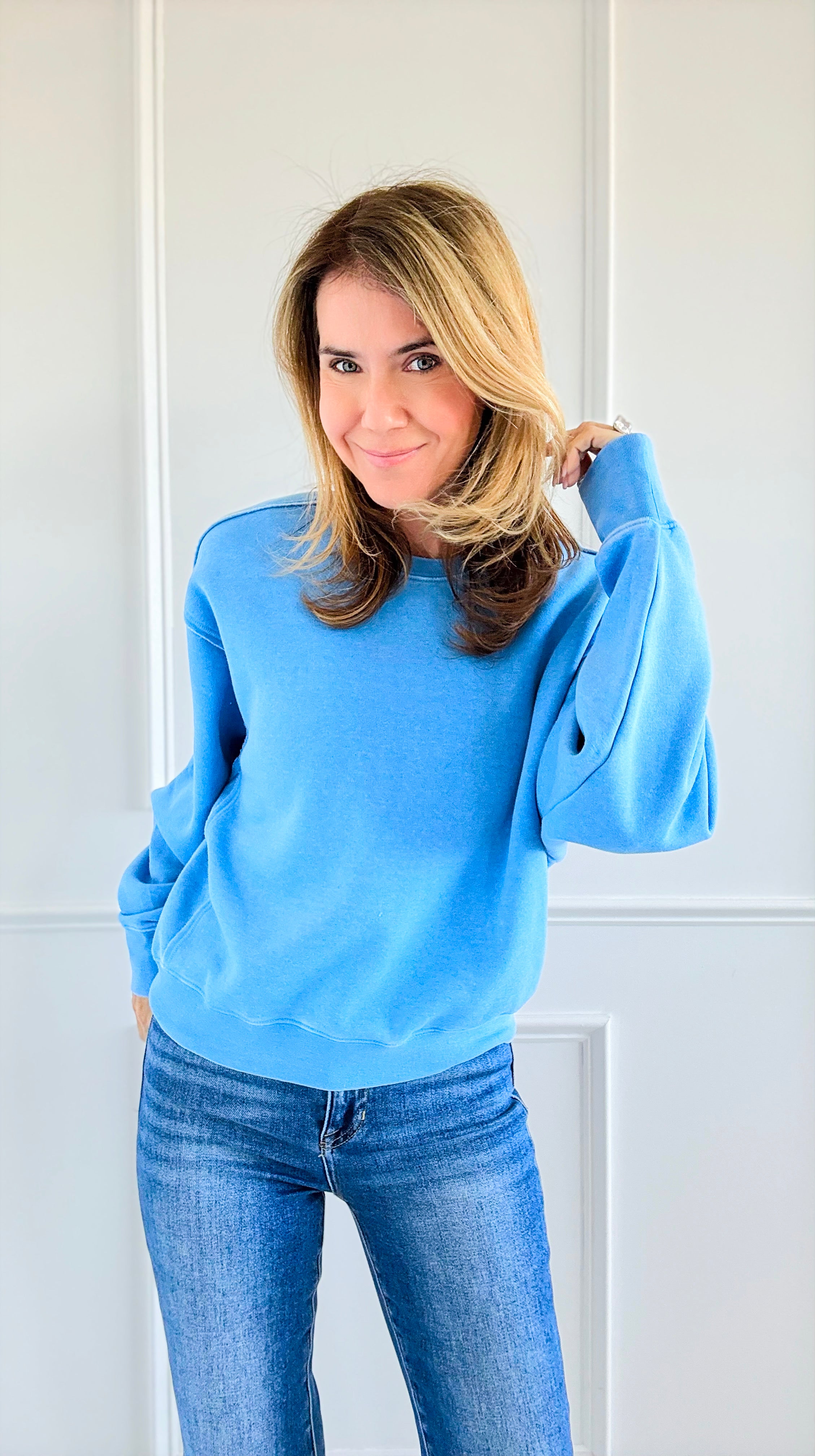 French Terry Sweatshirt - Blue-130 Long Sleeve Tops-HYFVE-Coastal Bloom Boutique, find the trendiest versions of the popular styles and looks Located in Indialantic, FL