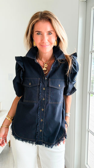 Linen Ruffle Button-Up Shirt - Dark Navy