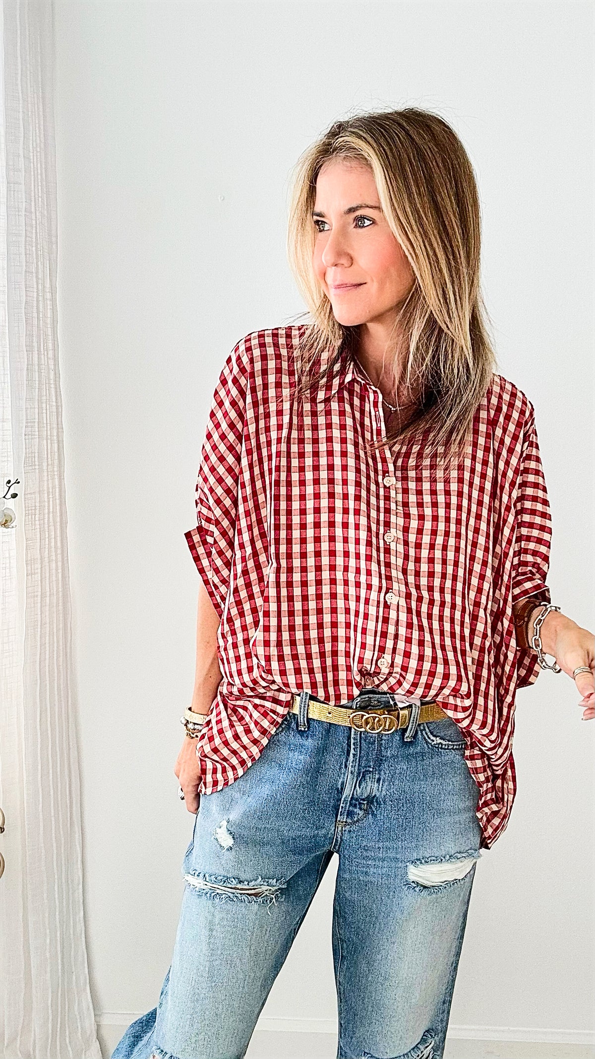Check it Red Plaid Flannel Blouse-110 Short Sleeve Tops-day + moon-Coastal Bloom Boutique, find the trendiest versions of the popular styles and looks Located in Indialantic, FL