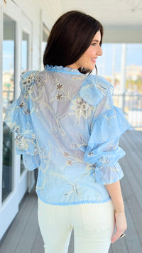 Elegance Bloom Embroidered Italian Button Top- Light Blue