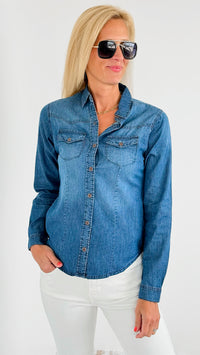 Denim Classic Button-Up Shirt -Dark Blue-130 Long Sleeve Tops-Blue Age-Coastal Bloom Boutique, find the trendiest versions of the popular styles and looks Located in Indialantic, FL