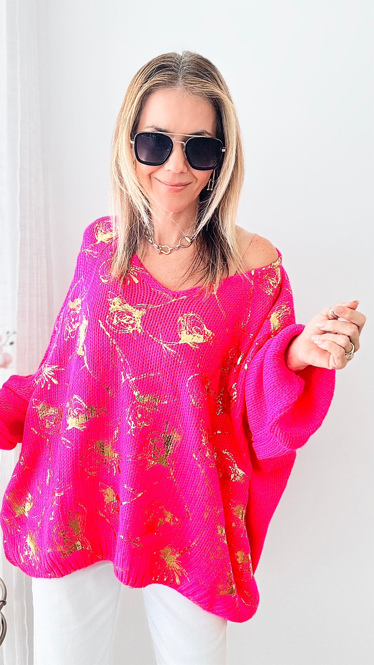 Gold Foil Italian Rose Knit Sweater - Neon Hot Pink-140 Sweaters-Germany-Coastal Bloom Boutique, find the trendiest versions of the popular styles and looks Located in Indialantic, FL