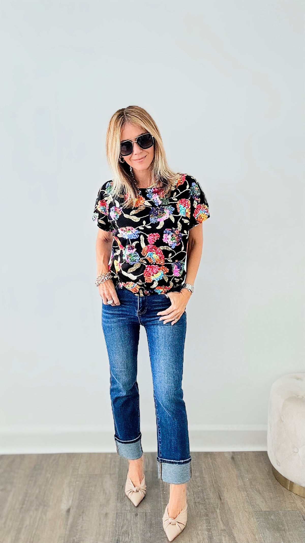 Raining Sequins Floral Off-the-Shoulder Blouse - Black Multi-110 Short Sleeve Tops-MAIN STRIP-Coastal Bloom Boutique, find the trendiest versions of the popular styles and looks Located in Indialantic, FL