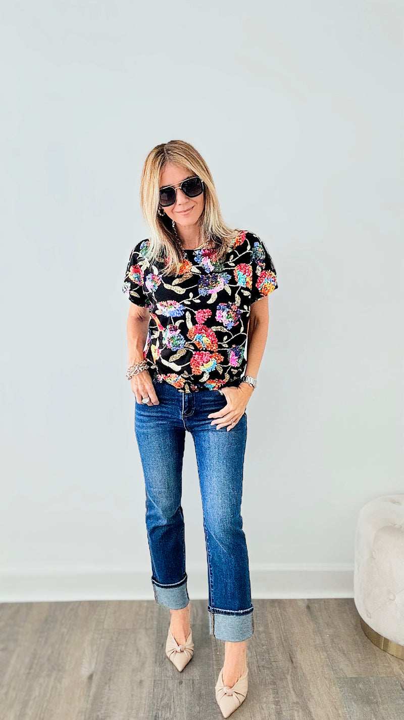 Raining Sequins Floral Off-the-Shoulder Blouse - Black Multi-110 Short Sleeve Tops-MAIN STRIP-Coastal Bloom Boutique, find the trendiest versions of the popular styles and looks Located in Indialantic, FL