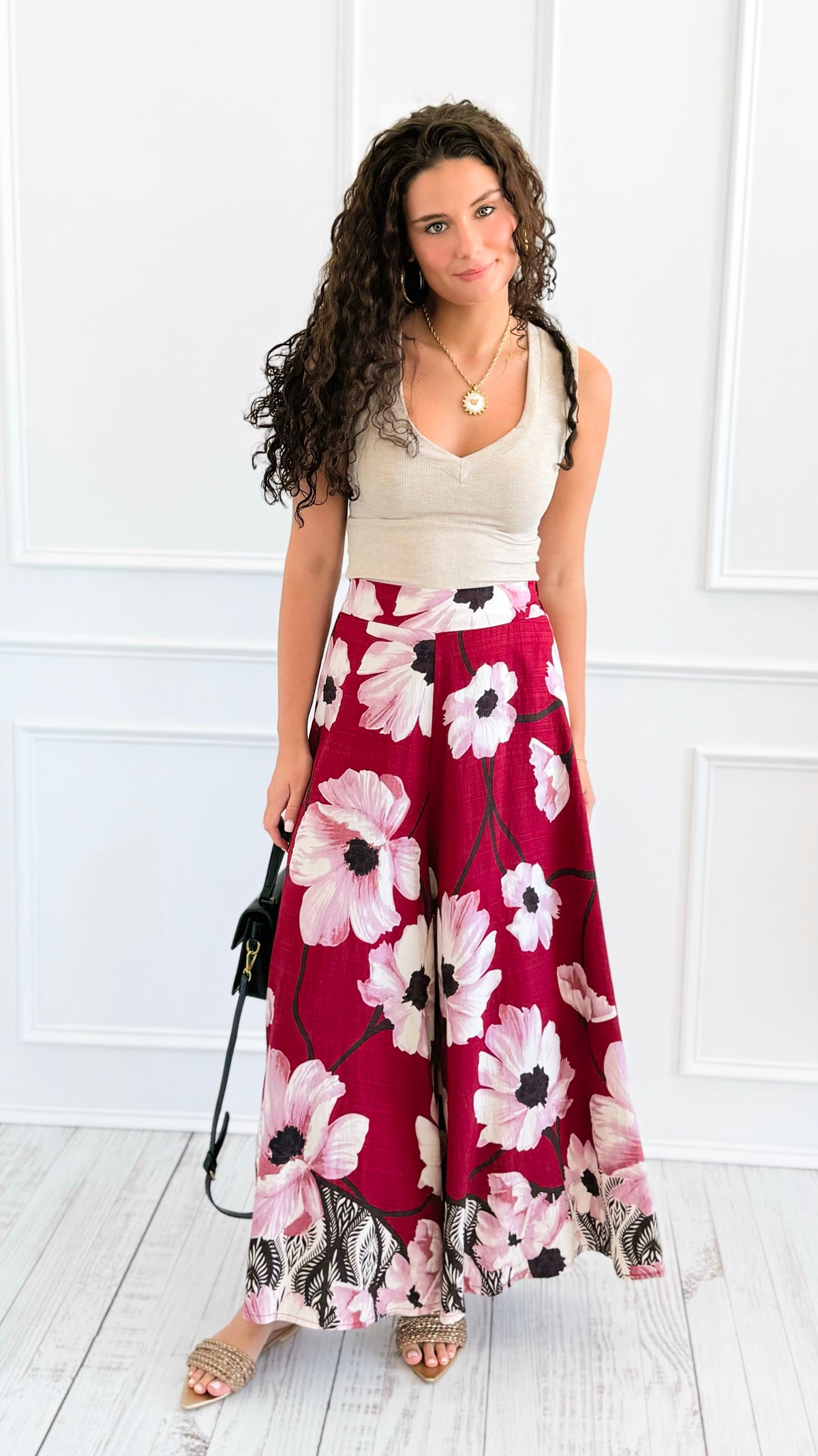 Garden Escape Italian Palazzo Pant- Burgundy-100 Pants-AZUL MONACO-Coastal Bloom Boutique, find the trendiest versions of the popular styles and looks Located in Indialantic, FL