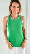 Metallic Foil Detailed Ribbed Italian Tank - Kelly Green/Silver-100 Sleeveless Tops-Italianissimo-Coastal Bloom Boutique, find the trendiest versions of the popular styles and looks Located in Indialantic, FL