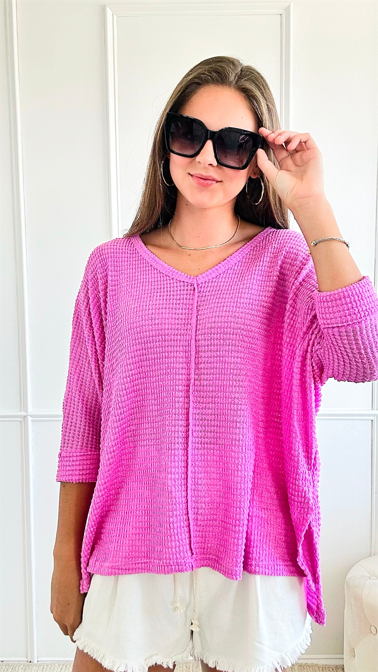 Hi-Low Hem Jacquard Sweater - Bright Mauve-140 Sweaters-Zenana-Coastal Bloom Boutique, find the trendiest versions of the popular styles and looks Located in Indialantic, FL