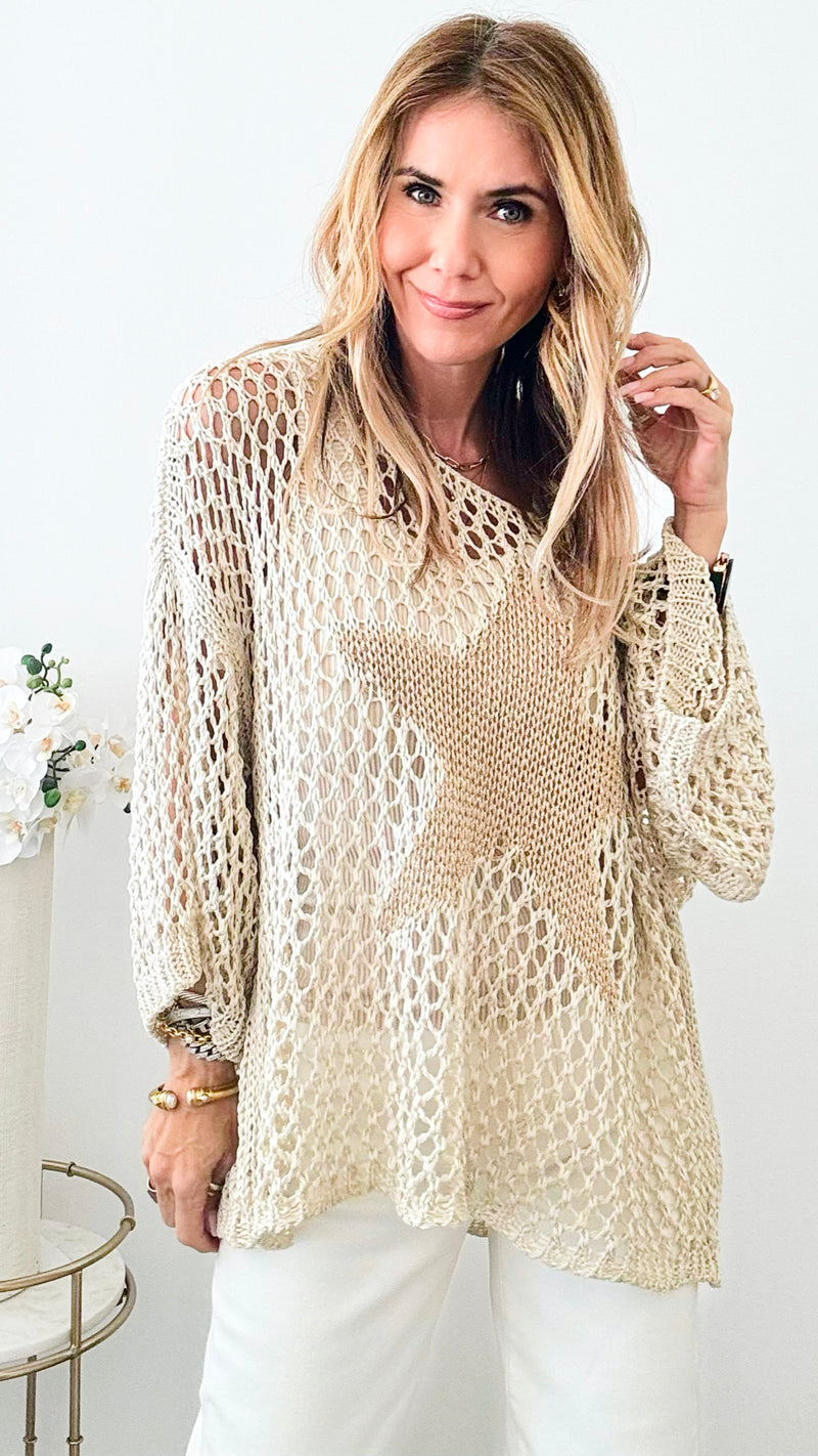 Shining Star Italian Chain Sweater - Oyster / Gold-140 Sweaters-Italianissimo-Coastal Bloom Boutique, find the trendiest versions of the popular styles and looks Located in Indialantic, FL