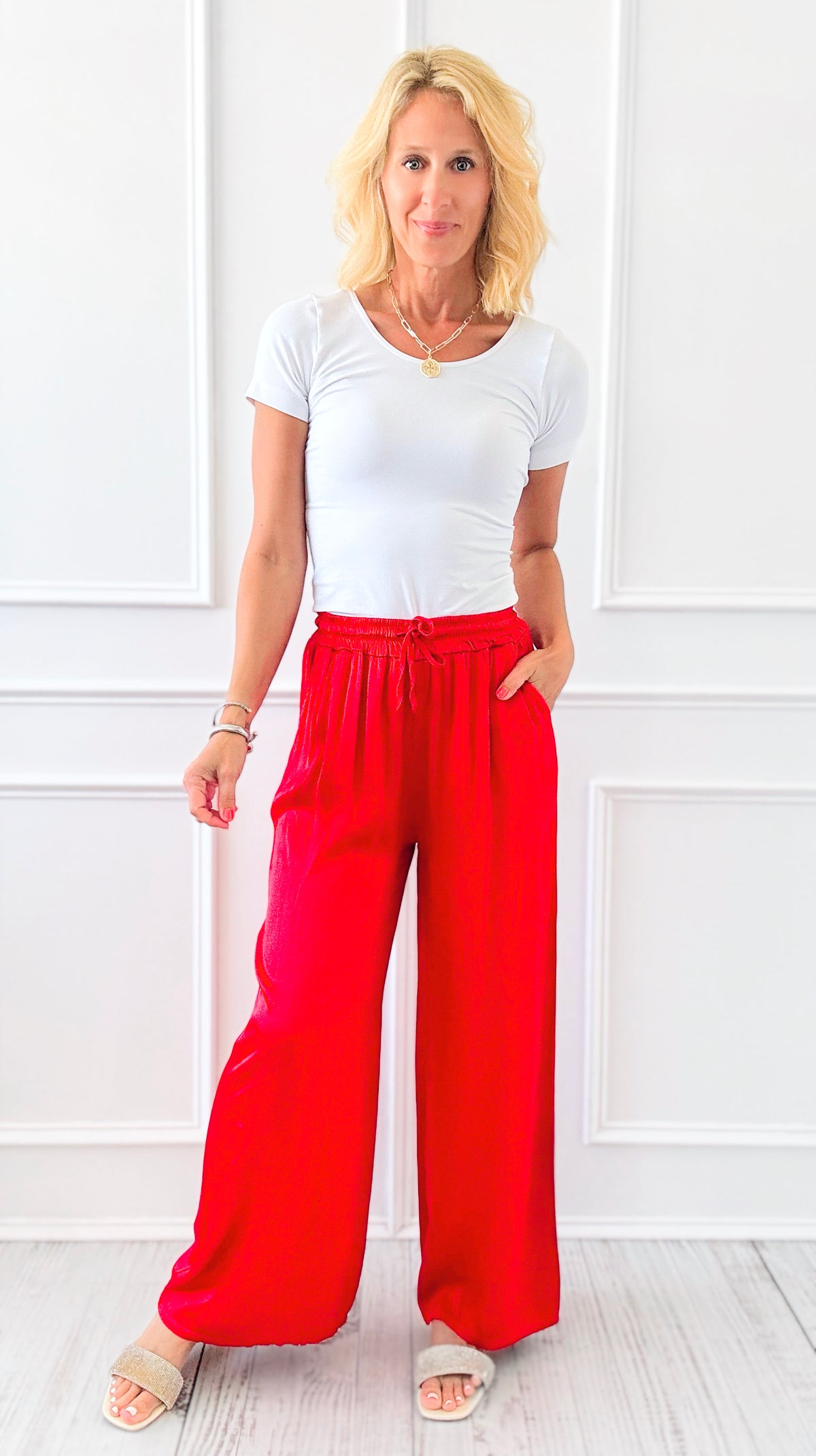 Angora Italian Satin Pant - Red-170 Bottoms-Italianissimo-Coastal Bloom Boutique, find the trendiest versions of the popular styles and looks Located in Indialantic, FL