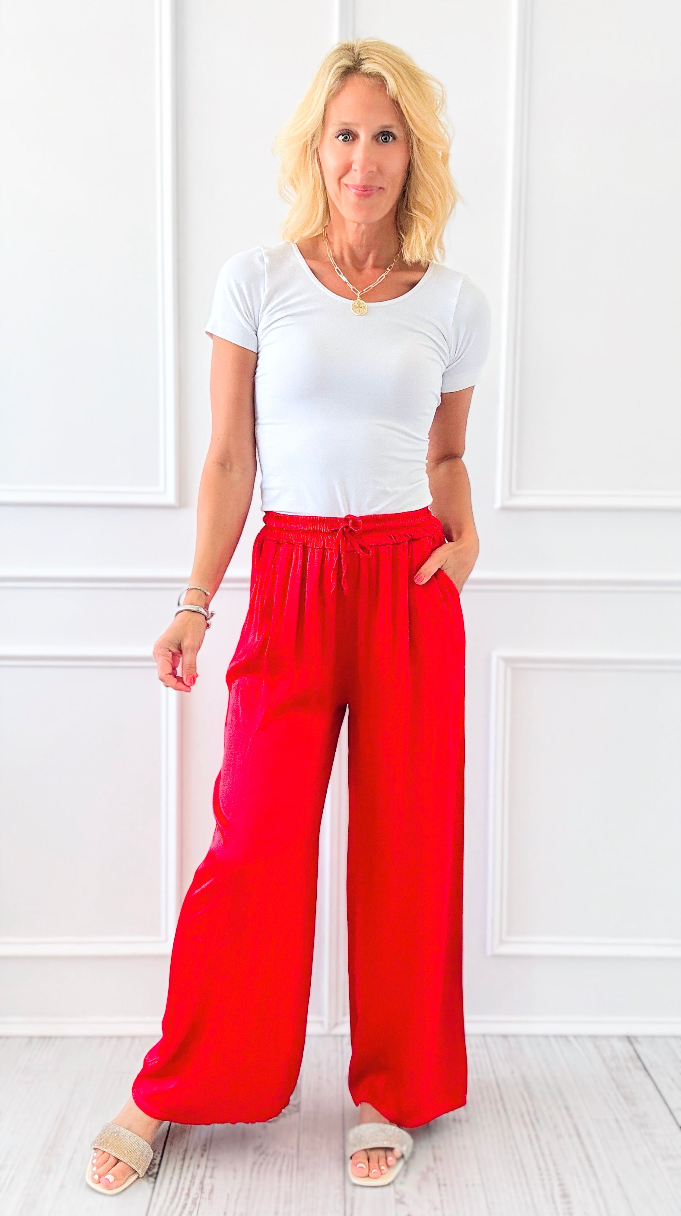 Angora Italian Satin Pant - Red-170 Bottoms-Italianissimo-Coastal Bloom Boutique, find the trendiest versions of the popular styles and looks Located in Indialantic, FL