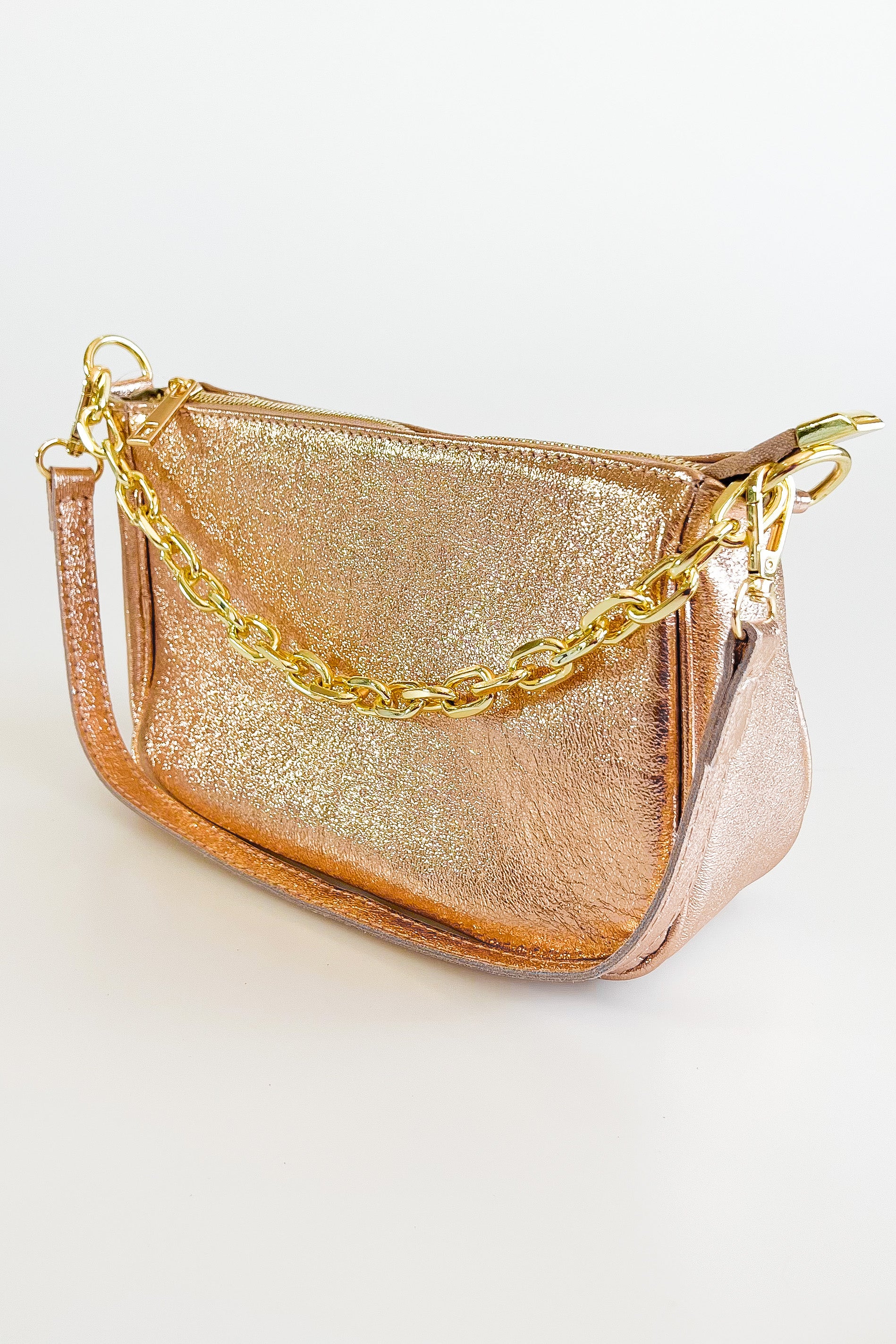 Genuine Leather Metallic Baguette Bag - Rose Gold-240 Bags-Chenson & Gorett-Coastal Bloom Boutique, find the trendiest versions of the popular styles and looks Located in Indialantic, FL
