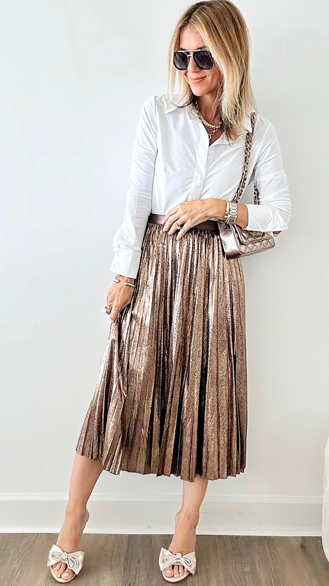 Shiny Pleated Midi Skirt - Bronze