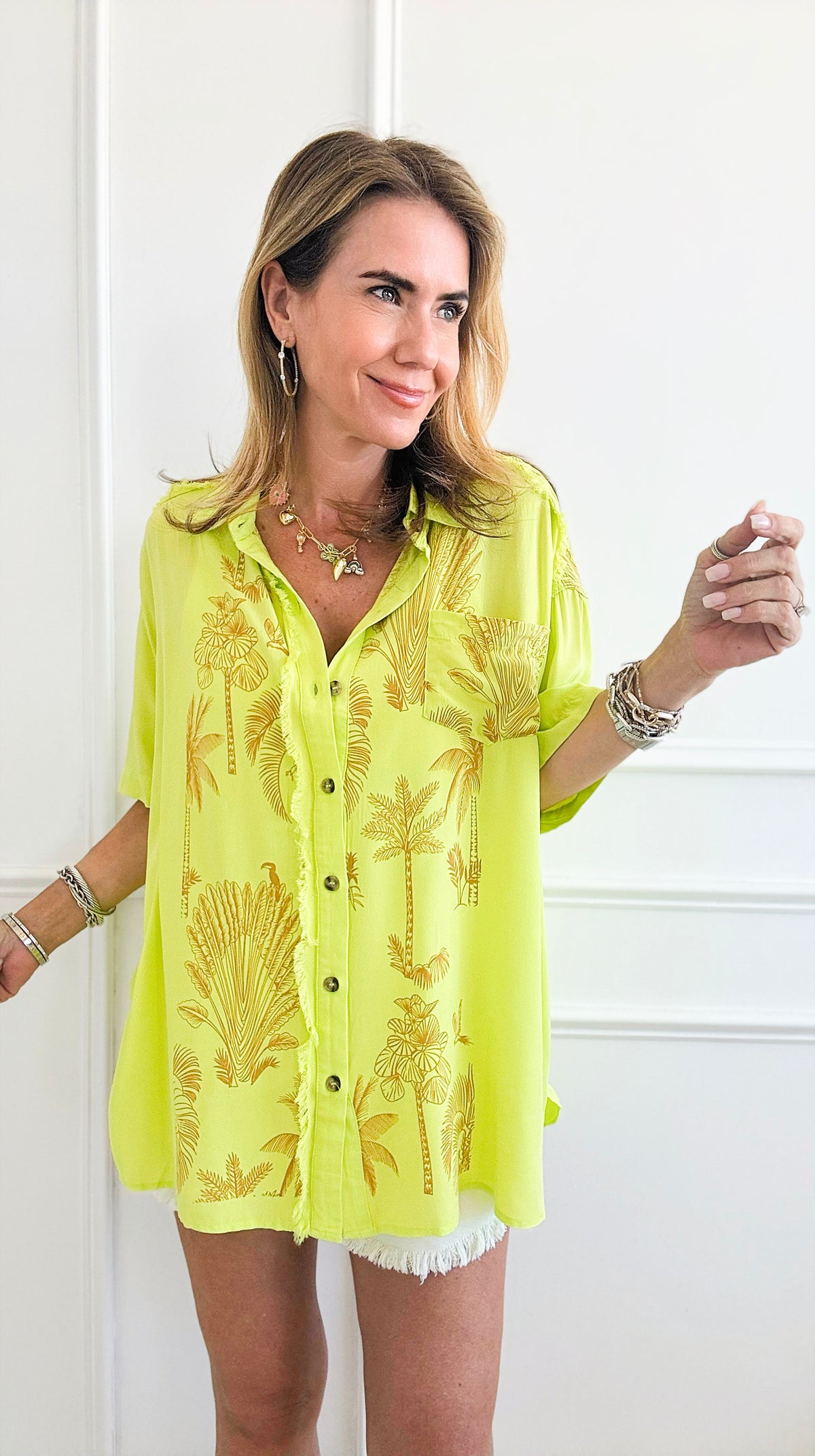 Hawaiian Printed Button Down Top-Lime-110 Short Sleeve Tops-Easel-Coastal Bloom Boutique, find the trendiest versions of the popular styles and looks Located in Indialantic, FL