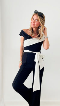 Lovely Night Off Shoulder Bow Belted Jumpsuit-200 Dresses/Jumpsuits/Rompers-Valentine-Coastal Bloom Boutique, find the trendiest versions of the popular styles and looks Located in Indialantic, FL