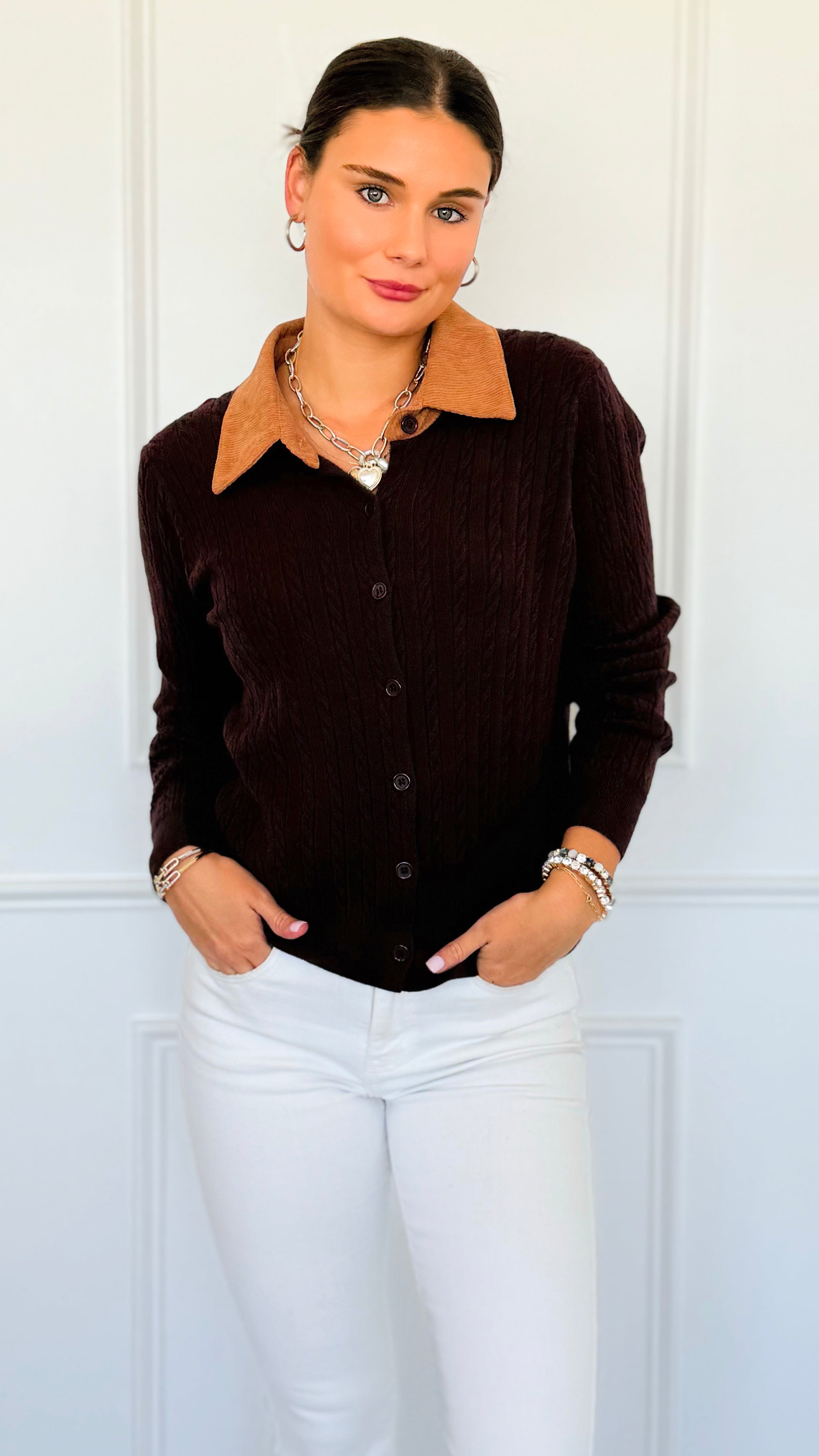 Cable Stitch Italian Button Cardigan- Chocolate-170 Bottoms-Italianissimo-Coastal Bloom Boutique, find the trendiest versions of the popular styles and looks Located in Indialantic, FL