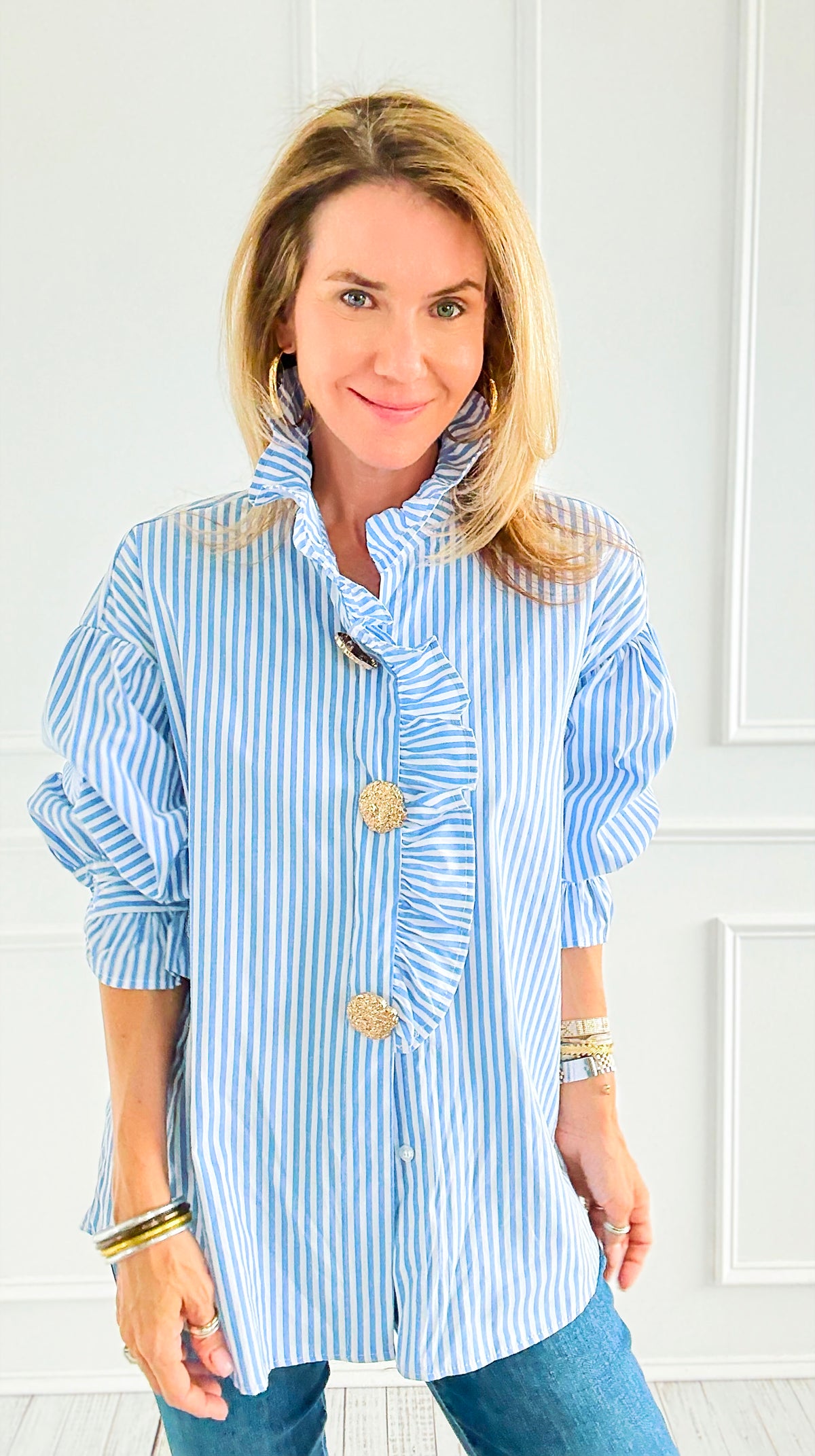 Blue Belle Italian Woven Blouse-110 Long Sleeve Tops-TATTOO Z-Coastal Bloom Boutique, find the trendiest versions of the popular styles and looks Located in Indialantic, FL