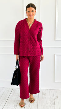 Quilted Jacket and Pants Set - Cabernet-210 Loungewear/Sets-Zenana-Coastal Bloom Boutique, find the trendiest versions of the popular styles and looks Located in Indialantic, FL