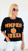 Varsity Pumpkin Queen Sweatshirt-130 Long Sleeve Tops-BIBI-Coastal Bloom Boutique, find the trendiest versions of the popular styles and looks Located in Indialantic, FL