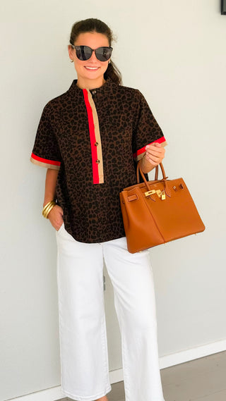Leopard Print Contrast Trim Top - Brown