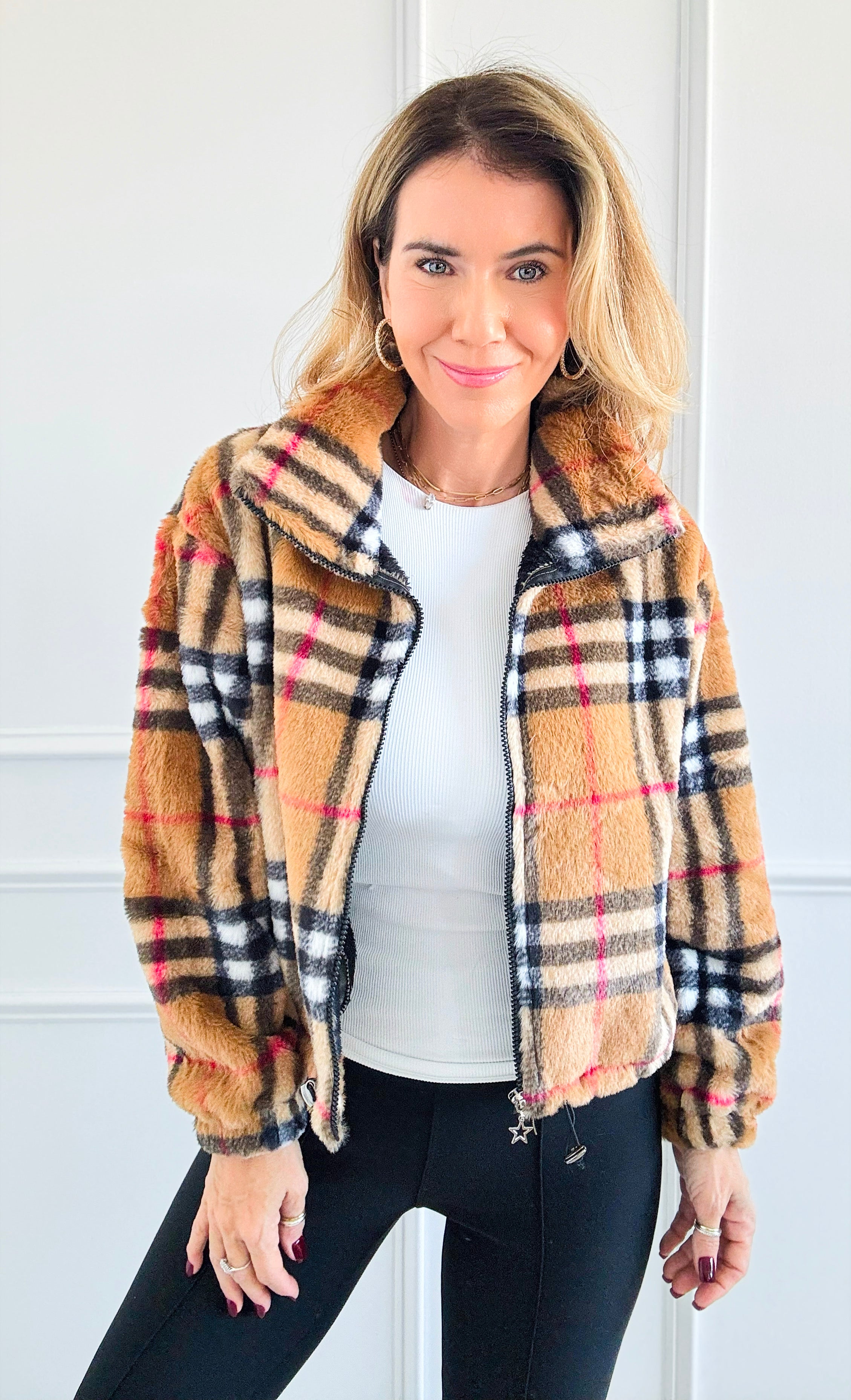 Plaid Fur Zip Jacket-160 Jackets-SANTOORI-Coastal Bloom Boutique, find the trendiest versions of the popular styles and looks Located in Indialantic, FL