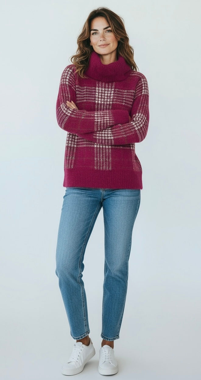 Highland Plaid Turtleneck Sweater-140 Sweaters-Rousseau-Coastal Bloom Boutique, find the trendiest versions of the popular styles and looks Located in Indialantic, FL