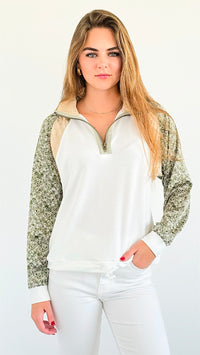 Patchwork Charm Quarter-Zip Sweatshirt-130 Long Sleeve Tops-mystree-Coastal Bloom Boutique, find the trendiest versions of the popular styles and looks Located in Indialantic, FL