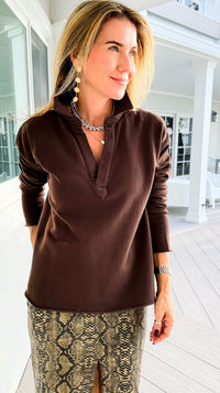 Eileen Cozy Lounge Collar Pullover Top - Espresso-110 Long Sleeve Tops-Mono B-Coastal Bloom Boutique, find the trendiest versions of the popular styles and looks Located in Indialantic, FL
