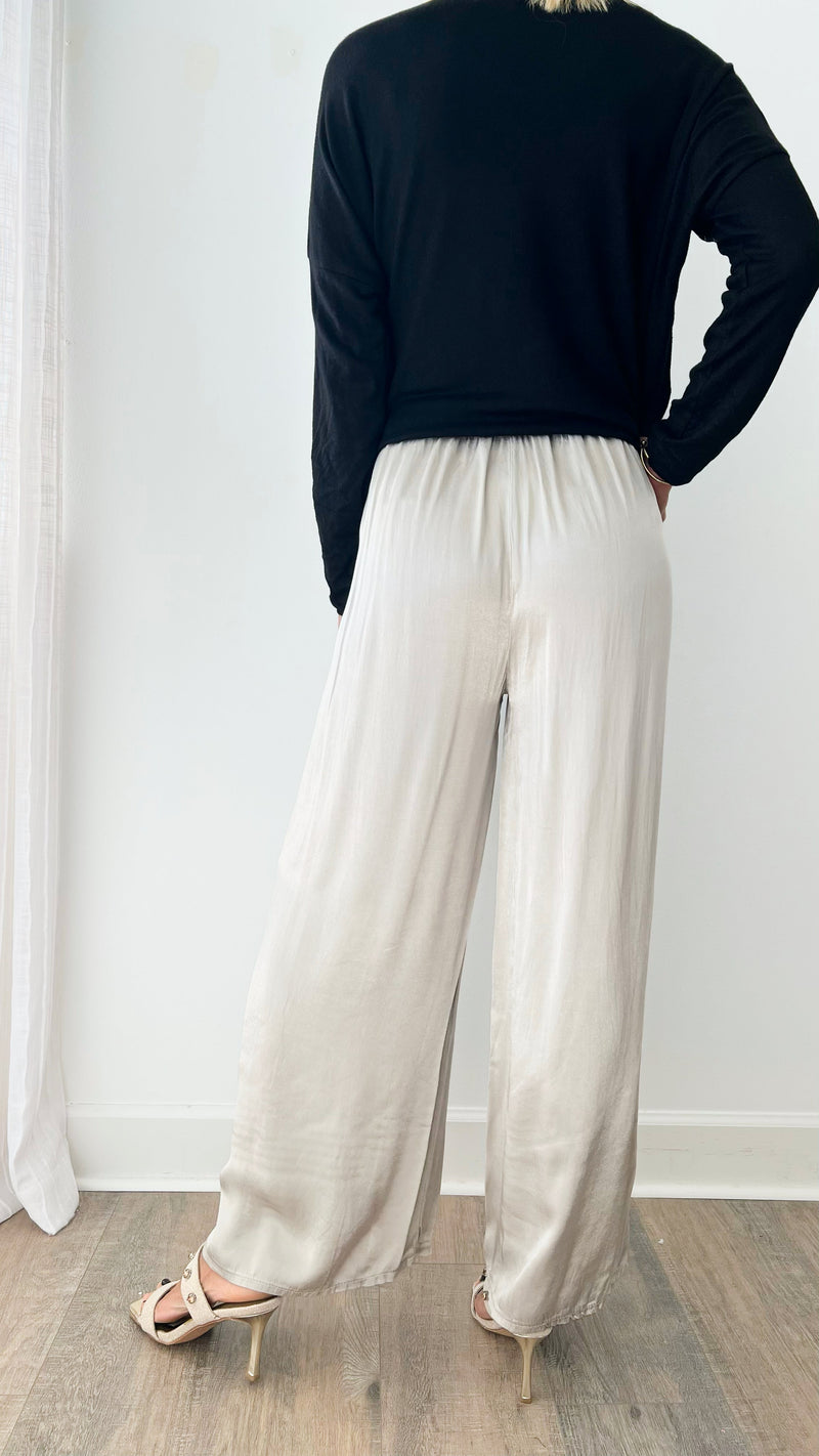 Angora Italian Satin Pant - Greige-170 Bottoms-Italianissimo-Coastal Bloom Boutique, find the trendiest versions of the popular styles and looks Located in Indialantic, FL