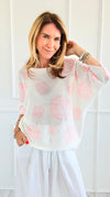 Noir Petals Short Sleeve Italian St Tropez Knit- Pink-140 Sweaters-Italianissimo-Coastal Bloom Boutique, find the trendiest versions of the popular styles and looks Located in Indialantic, FL