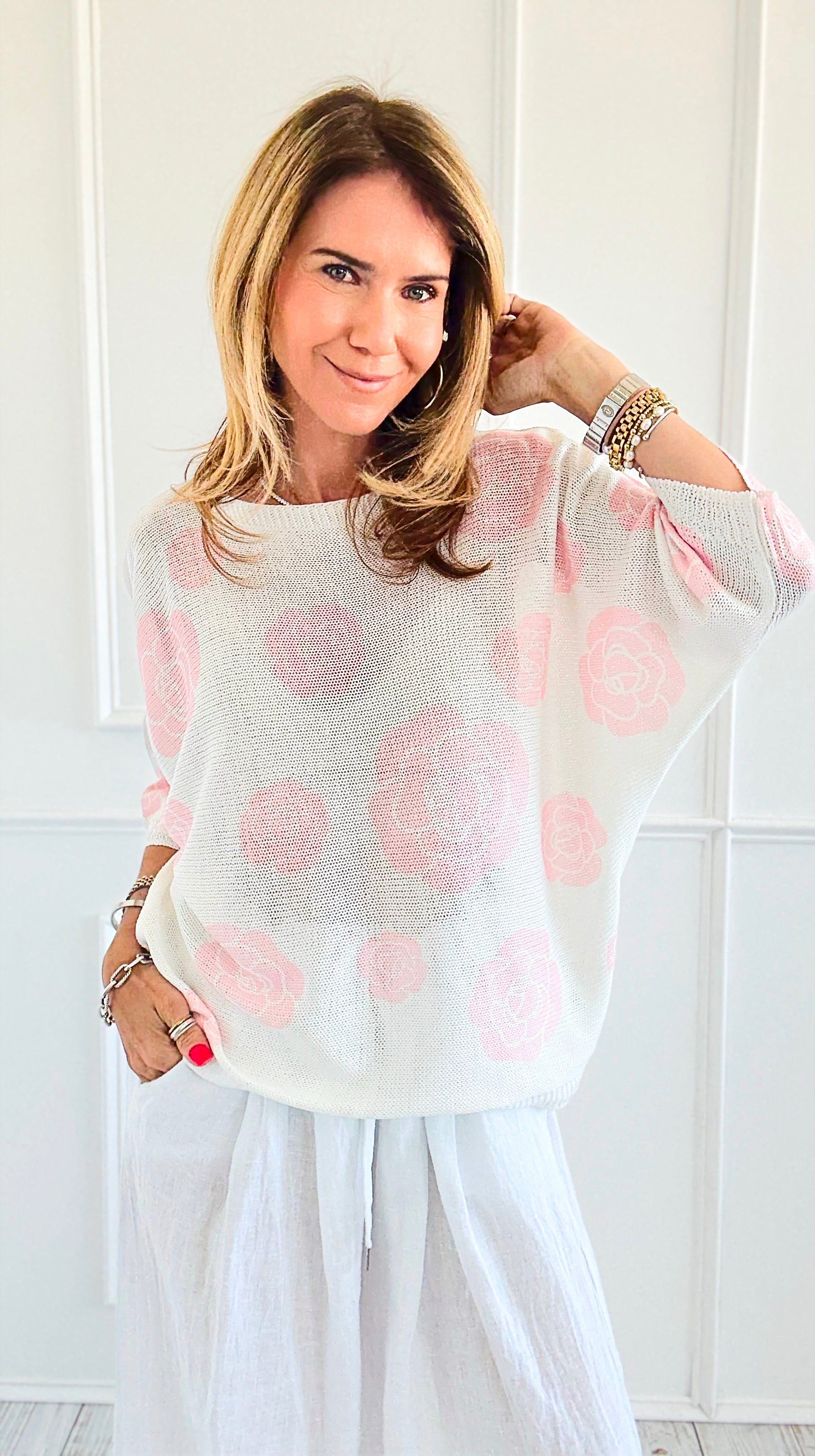 Noir Petals Short Sleeve Italian St Tropez Knit- Pink-140 Sweaters-Italianissimo-Coastal Bloom Boutique, find the trendiest versions of the popular styles and looks Located in Indialantic, FL