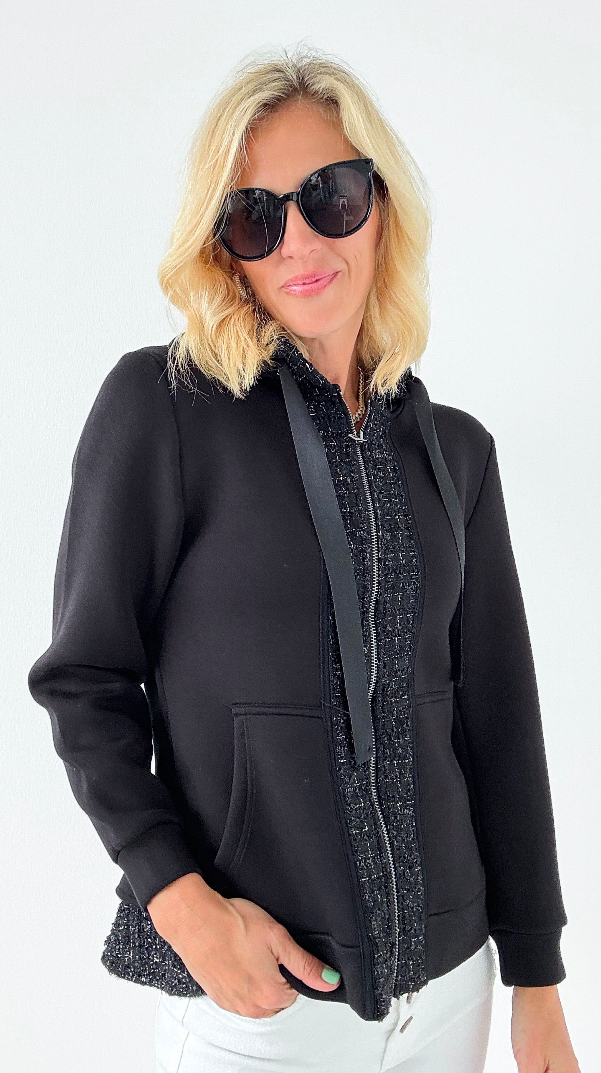 Faiza French Scuba Jacket with Tweed - Black-160 Jackets-Joh Apparel-Coastal Bloom Boutique, find the trendiest versions of the popular styles and looks Located in Indialantic, FL