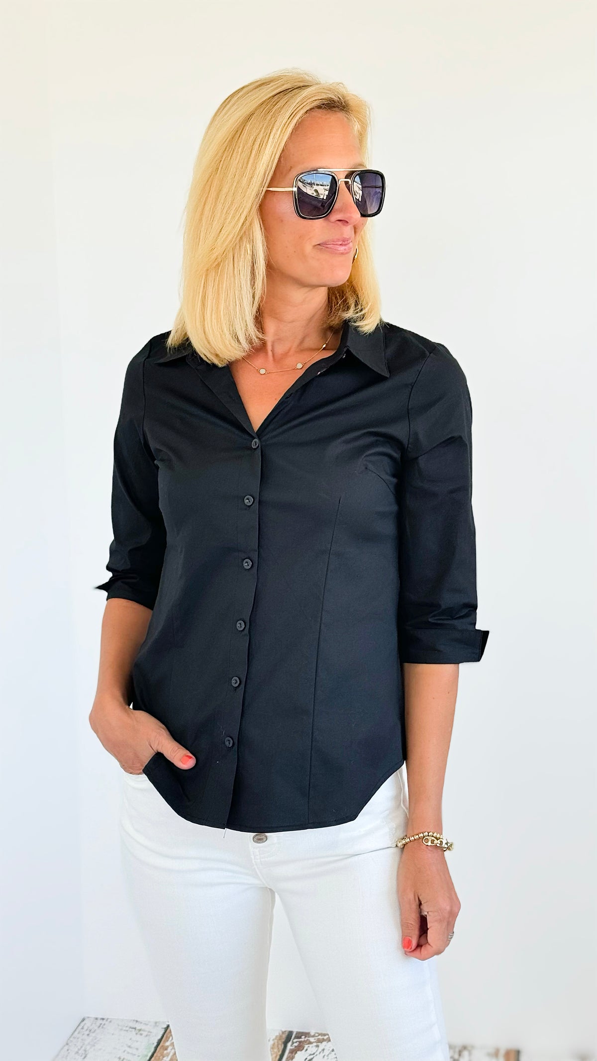 Solid 3/4 Sleeve Stretchy Blouse - Black-110 Short Sleeve Tops-High MJ-MICHEL-Coastal Bloom Boutique, find the trendiest versions of the popular styles and looks Located in Indialantic, FL