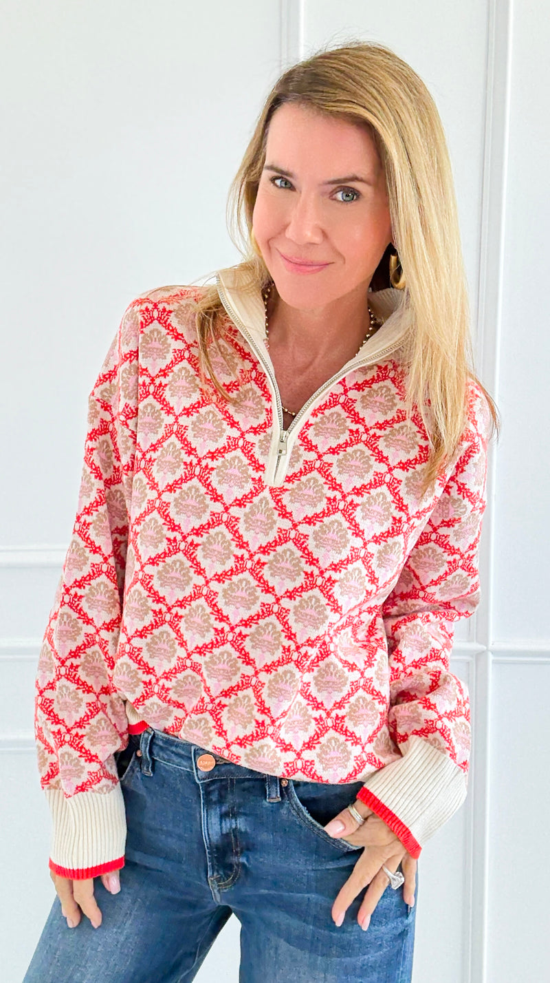Tri-Bloom Zip Mock Sweater-Cream/Orange-140 Sweaters-&MERCI-Coastal Bloom Boutique, find the trendiest versions of the popular styles and looks Located in Indialantic, FL