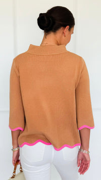 Waves & Whimsy Scallop Sweater - Camel/Pink-140 Sweaters-Fate Inc-Coastal Bloom Boutique, find the trendiest versions of the popular styles and looks Located in Indialantic, FL