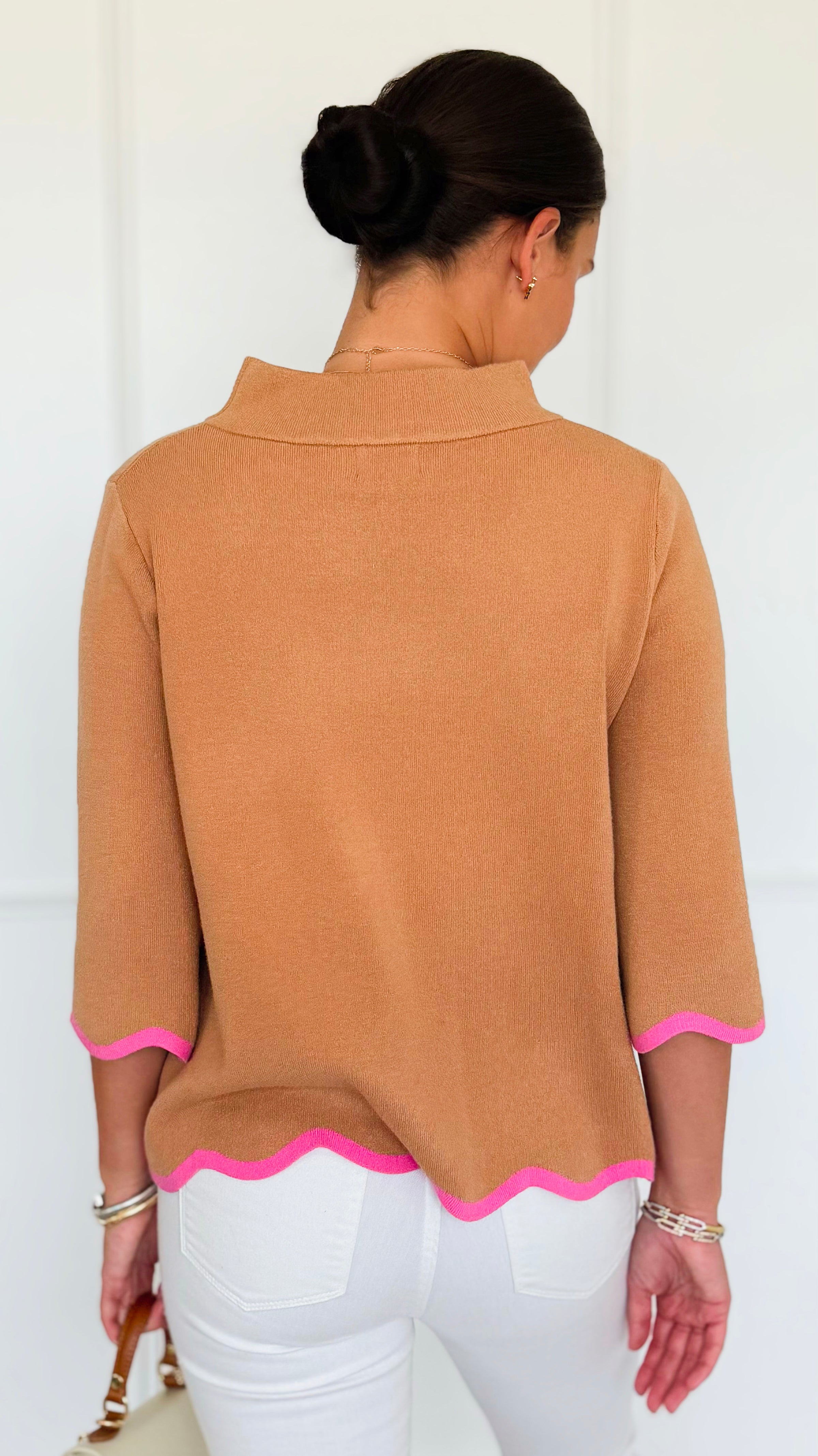 Waves & Whimsy Scallop Sweater - Camel/Pink-140 Sweaters-Fate Inc-Coastal Bloom Boutique, find the trendiest versions of the popular styles and looks Located in Indialantic, FL