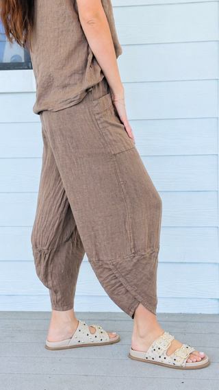 La Spezia Barrel Linen Italian Pant- Taupe