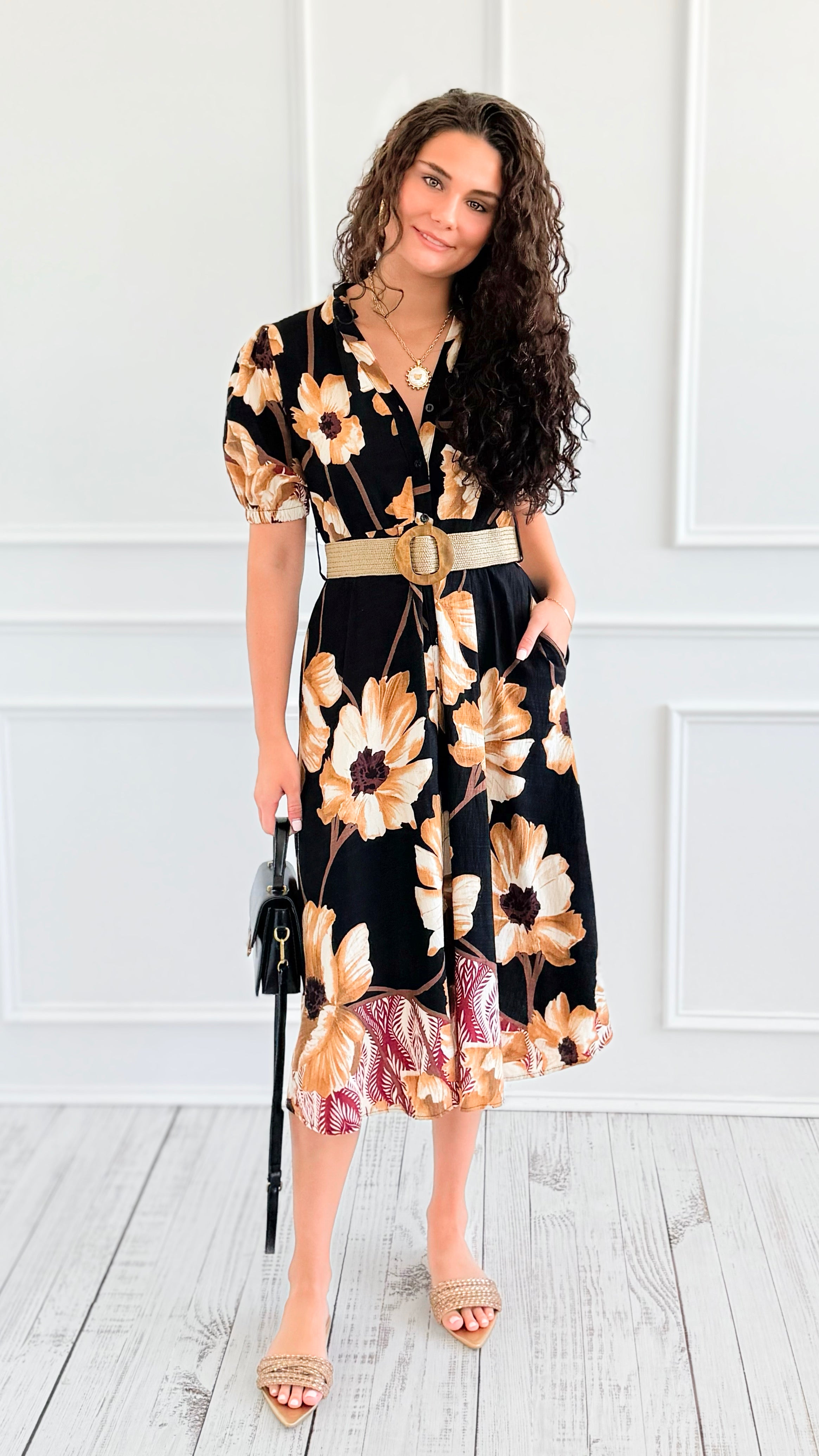 Capri Blossom Belted Italian Midi Dress-200 Dresses/Jumpsuits/Rompers-AZUL MONACO-Coastal Bloom Boutique, find the trendiest versions of the popular styles and looks Located in Indialantic, FL