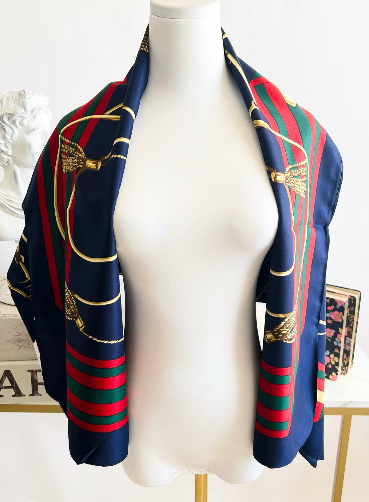 Striped Ribbon Edge Square Scarf - Navy-260 Other Accessories-Max Accessories-Coastal Bloom Boutique, find the trendiest versions of the popular styles and looks Located in Indialantic, FL