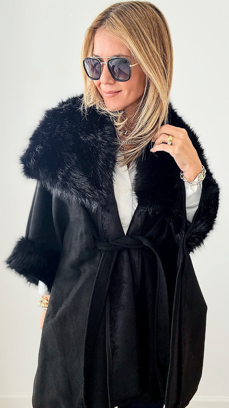 Faux Suede & Fur Belted Cape - Black-150 Cardigans/Layers-Original USA-Coastal Bloom Boutique, find the trendiest versions of the popular styles and looks Located in Indialantic, FL