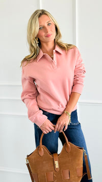 Whispered Grace Polo Top - Mauve Pink-130 Long Sleeve Tops-Rosio-Coastal Bloom Boutique, find the trendiest versions of the popular styles and looks Located in Indialantic, FL