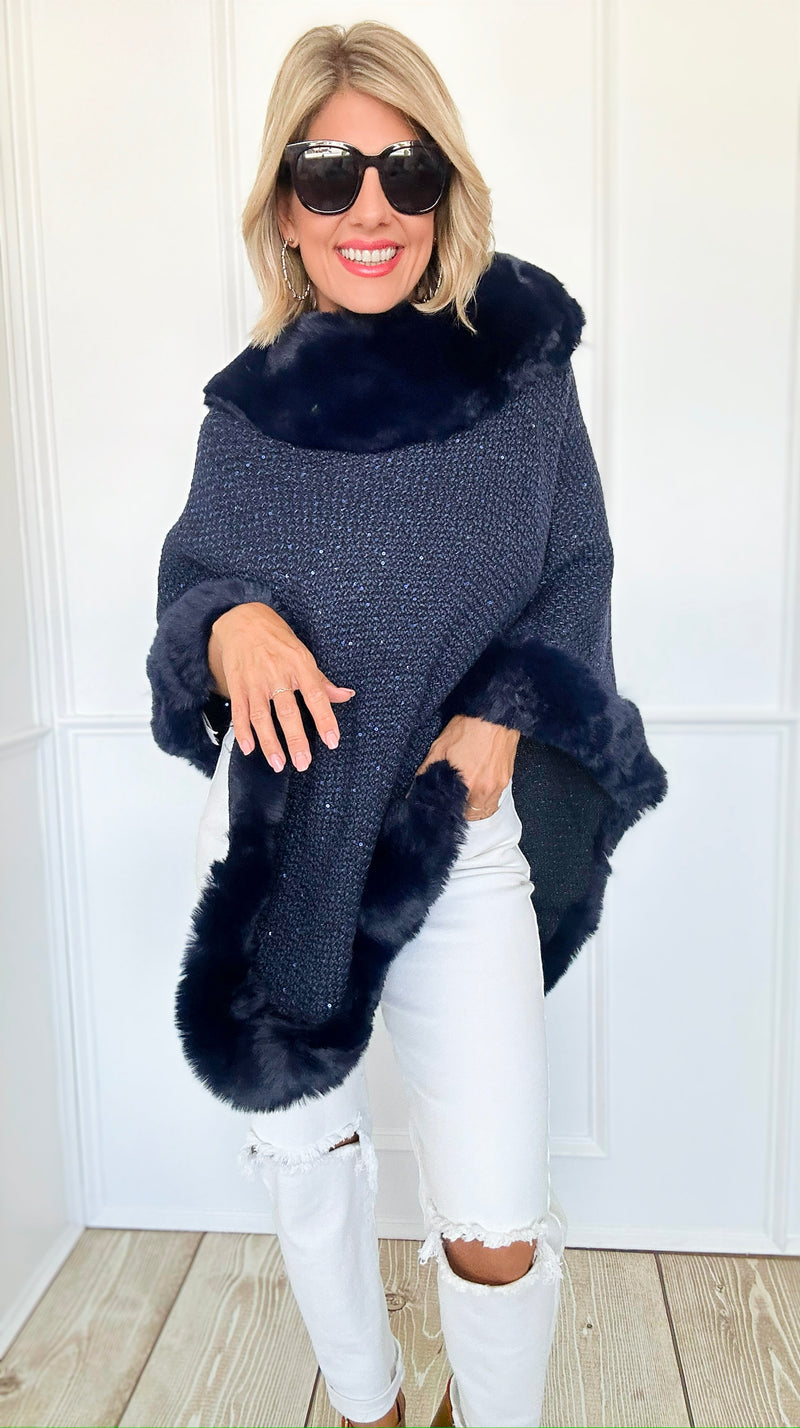 Midnight Glam Faux Fur Poncho - Navy-160 Jackets-Original USA-Coastal Bloom Boutique, find the trendiest versions of the popular styles and looks Located in Indialantic, FL