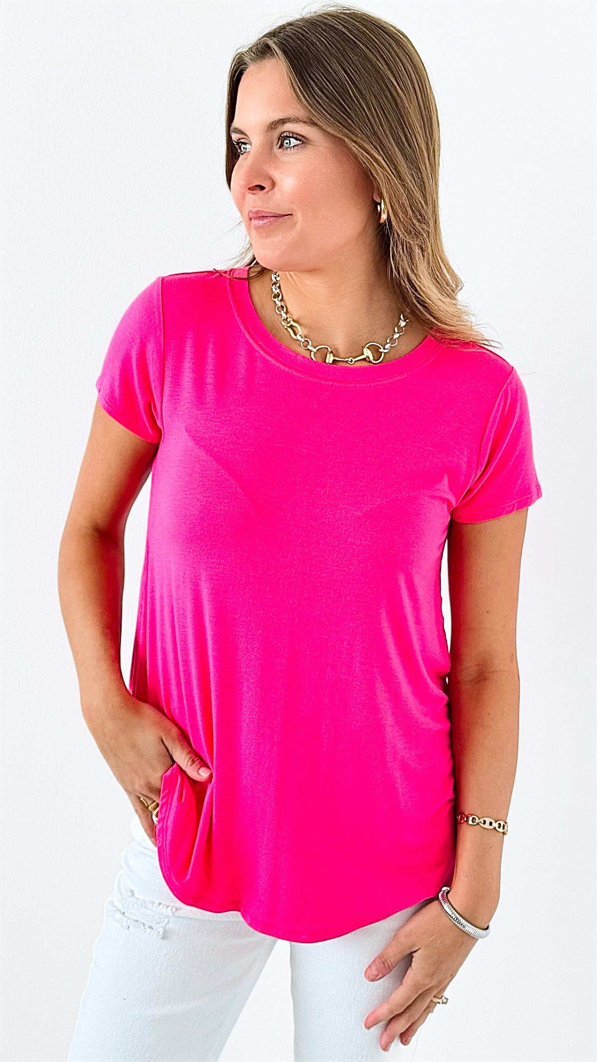 Round Hem Short Sleeve Top - Fuchsia-110 Short Sleeve Tops-Zenana-Coastal Bloom Boutique, find the trendiest versions of the popular styles and looks Located in Indialantic, FL